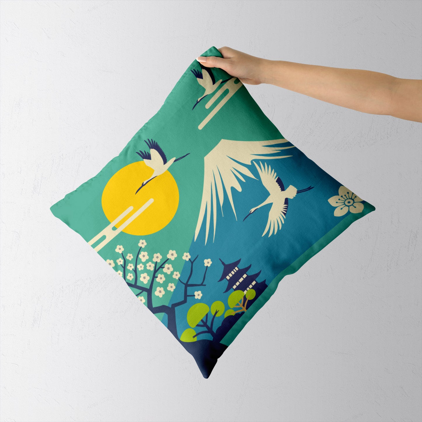 Feblilac Mount Fuji Crane Cushion Covers Throw Pillow Covers