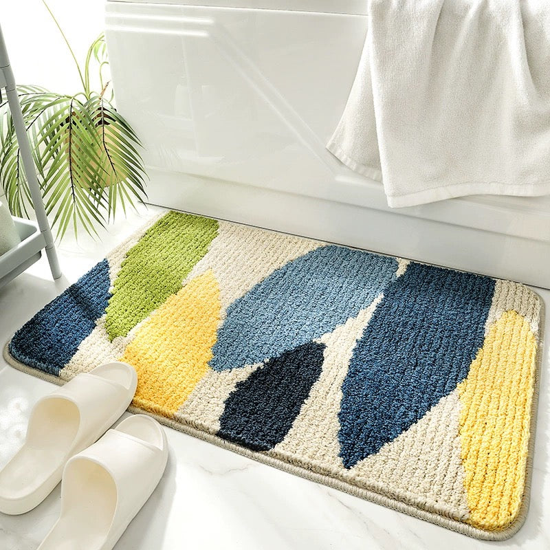 Feblilac Abstract Green Blue Yellow Leaves Bath Mat