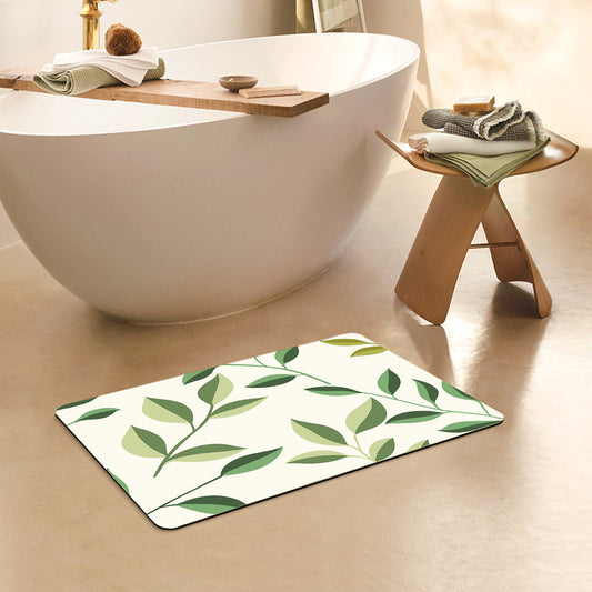 Feblilac Rectangle Small Leaves Green Beige Background Diatomaceous Earth Mat