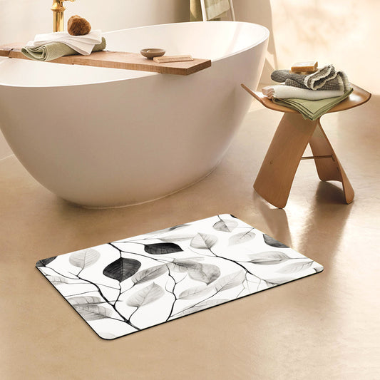 Feblilac Rectangle Black and White Leaf Texture Diatomaceous Earth Mat
