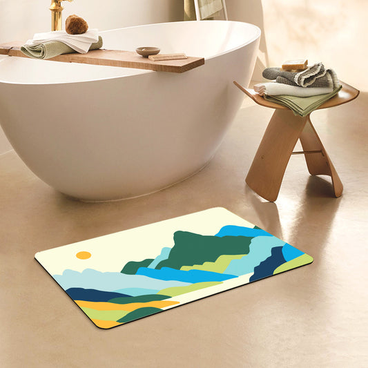 Feblilac Rectangle Green Orange Mountains Sun Diatomaceous Earth Mat