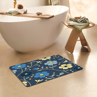 Feblilac Rectangle Japanese Blue and Gold Flowers Diatomaceous Earth Mat