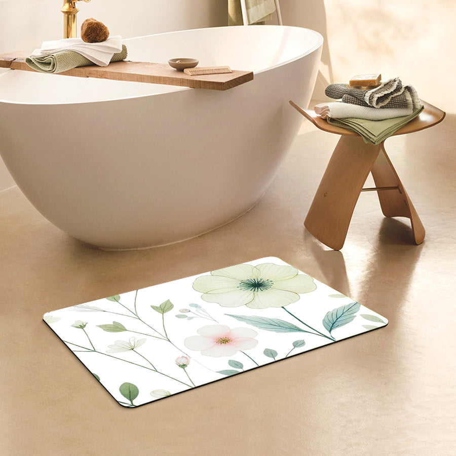 Feblilac Rectangle Watercolor Flowers and Leaves Diatomaceous Earth Mat
