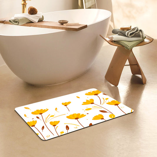 Feblilac Rectangle Hand Painted Flowers Leaves Orange Yellow Diatomaceous Earth Mat