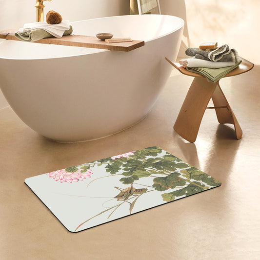 Feblilac Rectangle Cricket and Chrysanthemum Chinese Painting Diatomaceous Earth Mat