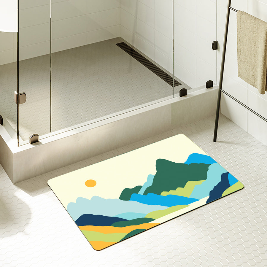 Feblilac Rectangle Green Orange Mountains Sun Diatomaceous Earth Mat - view 2