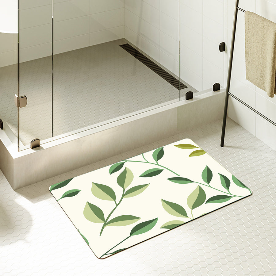 Feblilac Rectangle Small Leaves Green Beige Background Diatomaceous Earth Mat - view 2