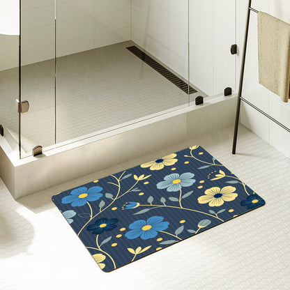 Feblilac Rectangle Japanese Blue and Gold Flowers Diatomaceous Earth Mat