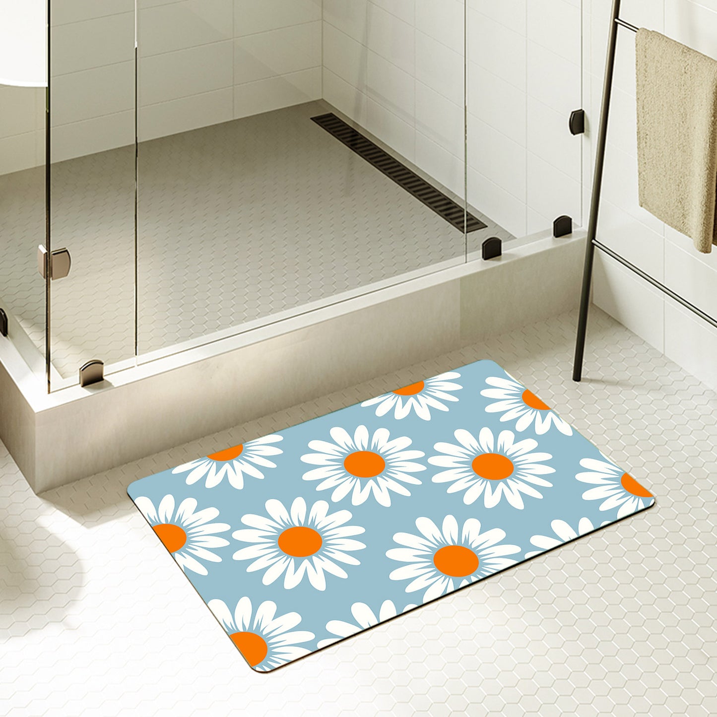 Feblilac Rectangle White Daisy Pattern Diatomaceous Earth Mat