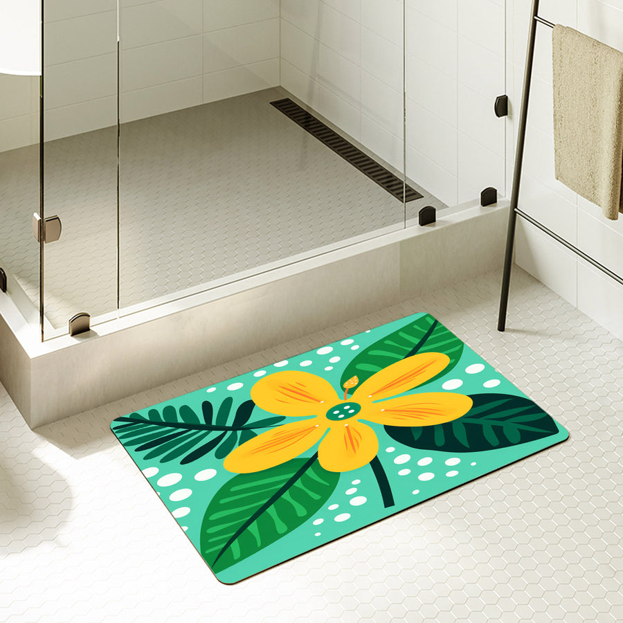 Feblilac Rectangle Yellow Flower Green Background Diatomaceous Earth Mat - view 2