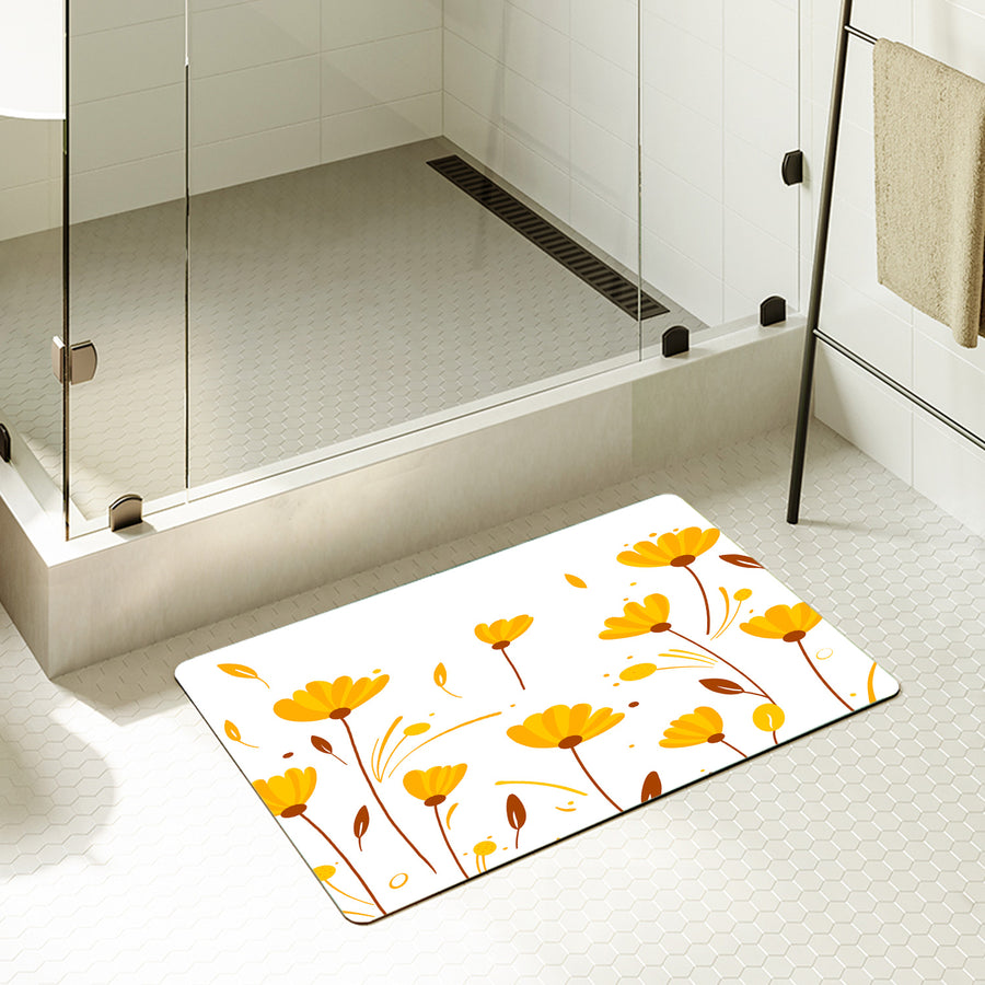 Feblilac Rectangle Hand Painted Flowers Leaves Orange Yellow Diatomaceous Earth Mat - view 2