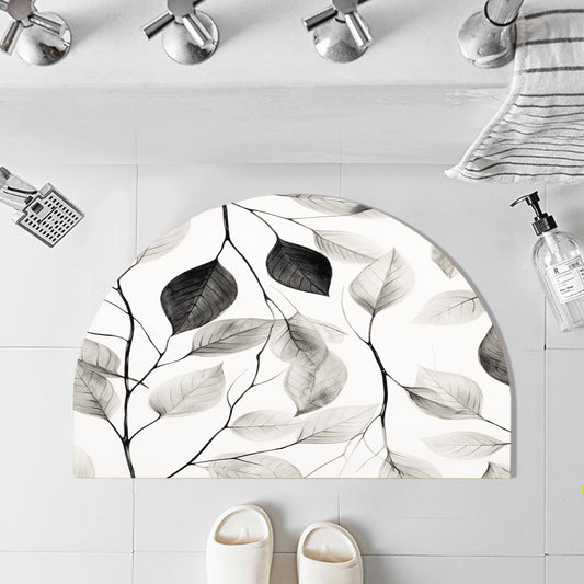 Feblilac Semicircle Black and White Leaf Texture Diatomaceous Earth Mat