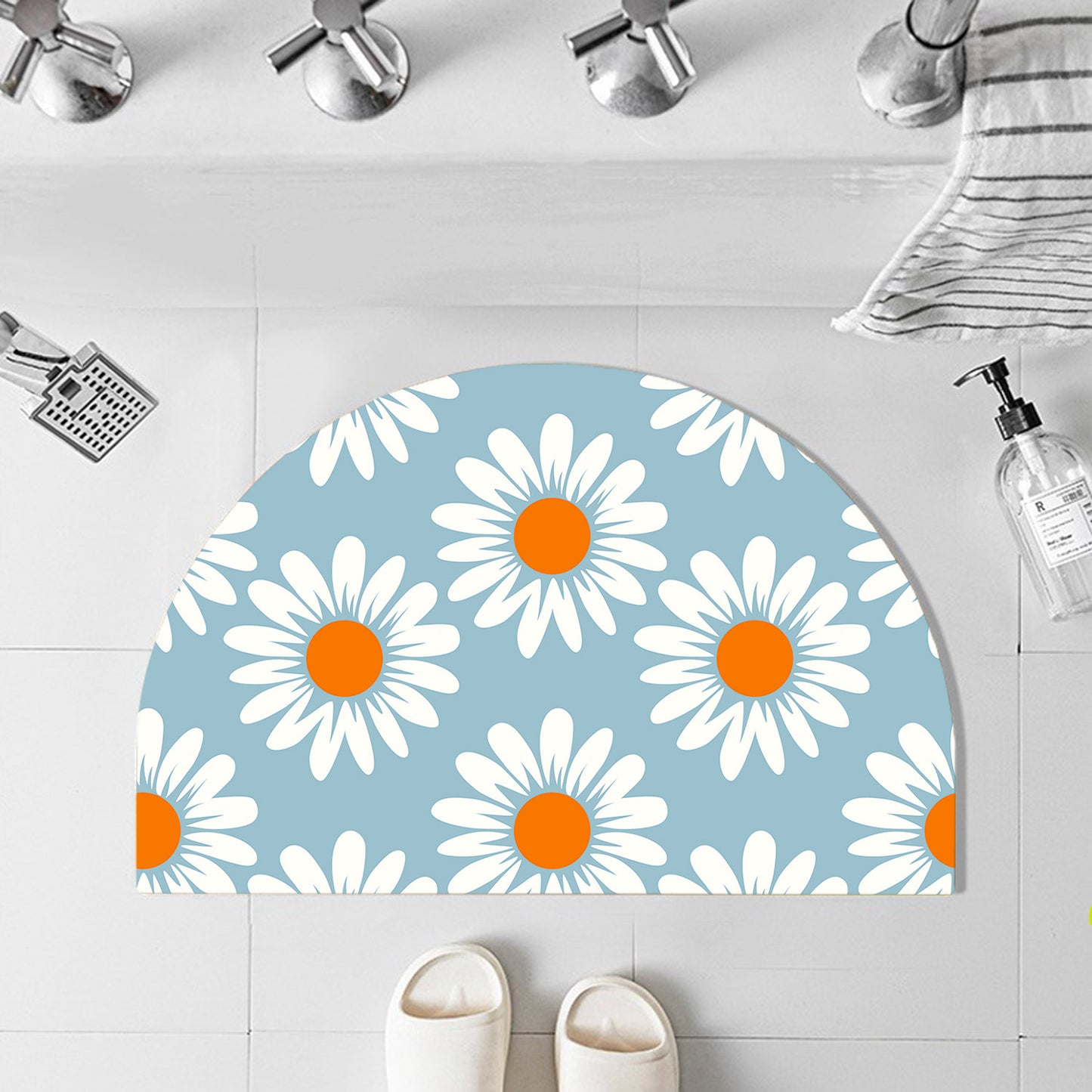 Feblilac Semicircle White Daisy Pattern Diatomaceous Earth Mat