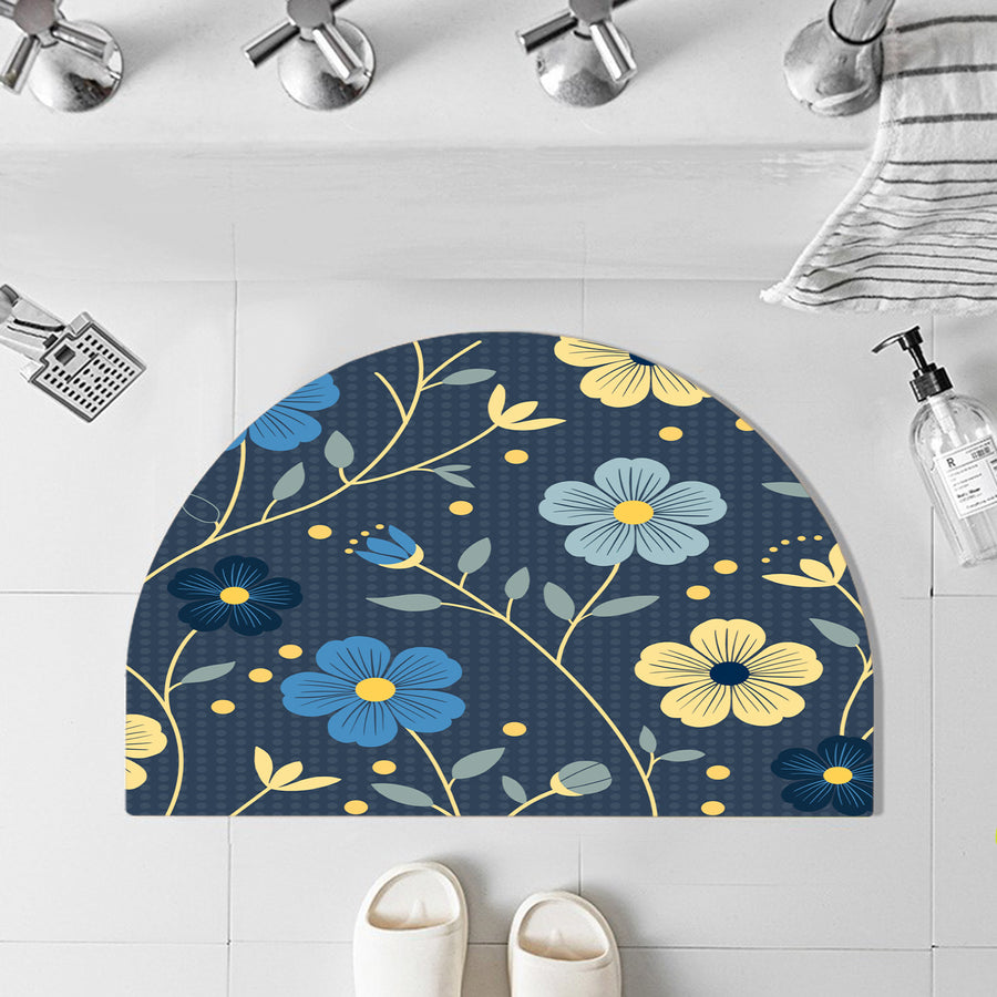 Feblilac Semicircle Japanese Blue and Gold Flowers Diatomaceous Earth Mat