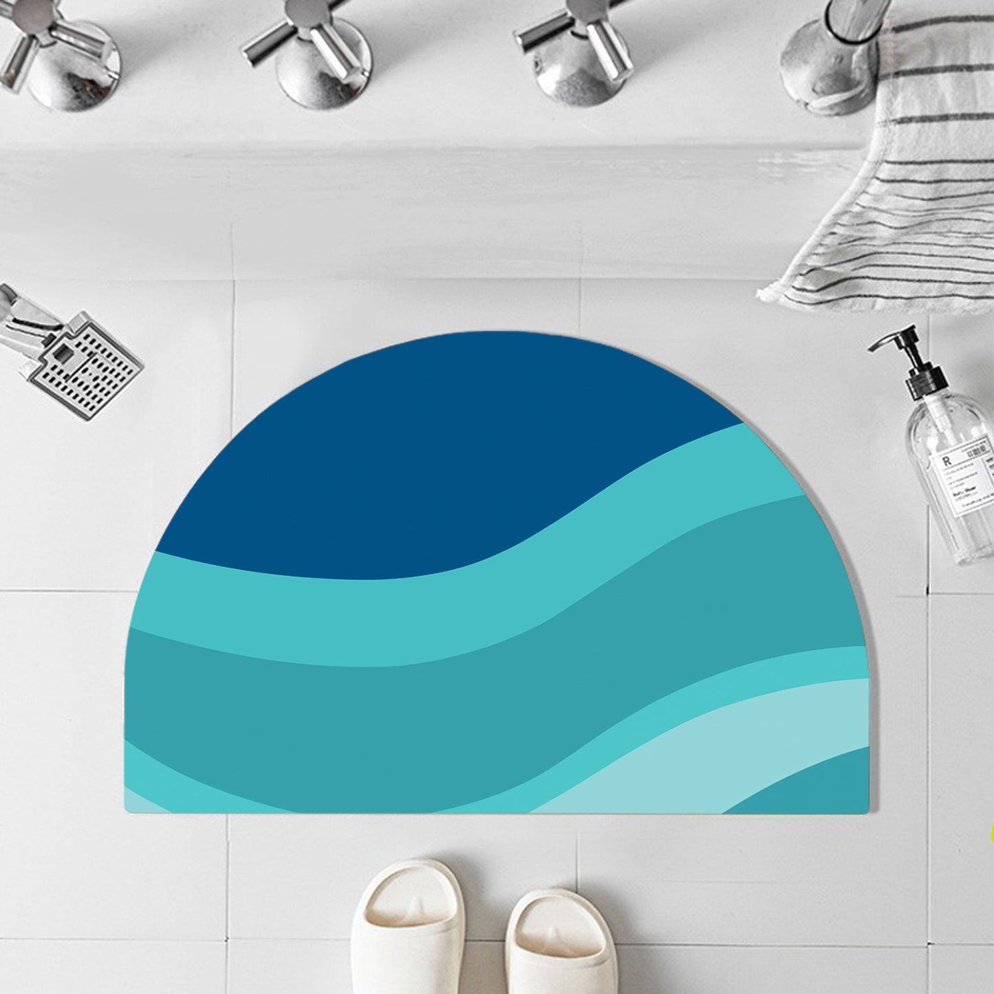 Feblilac Semicircle Gradient Blue Flowing Waves Diatomaceous Earth Mat