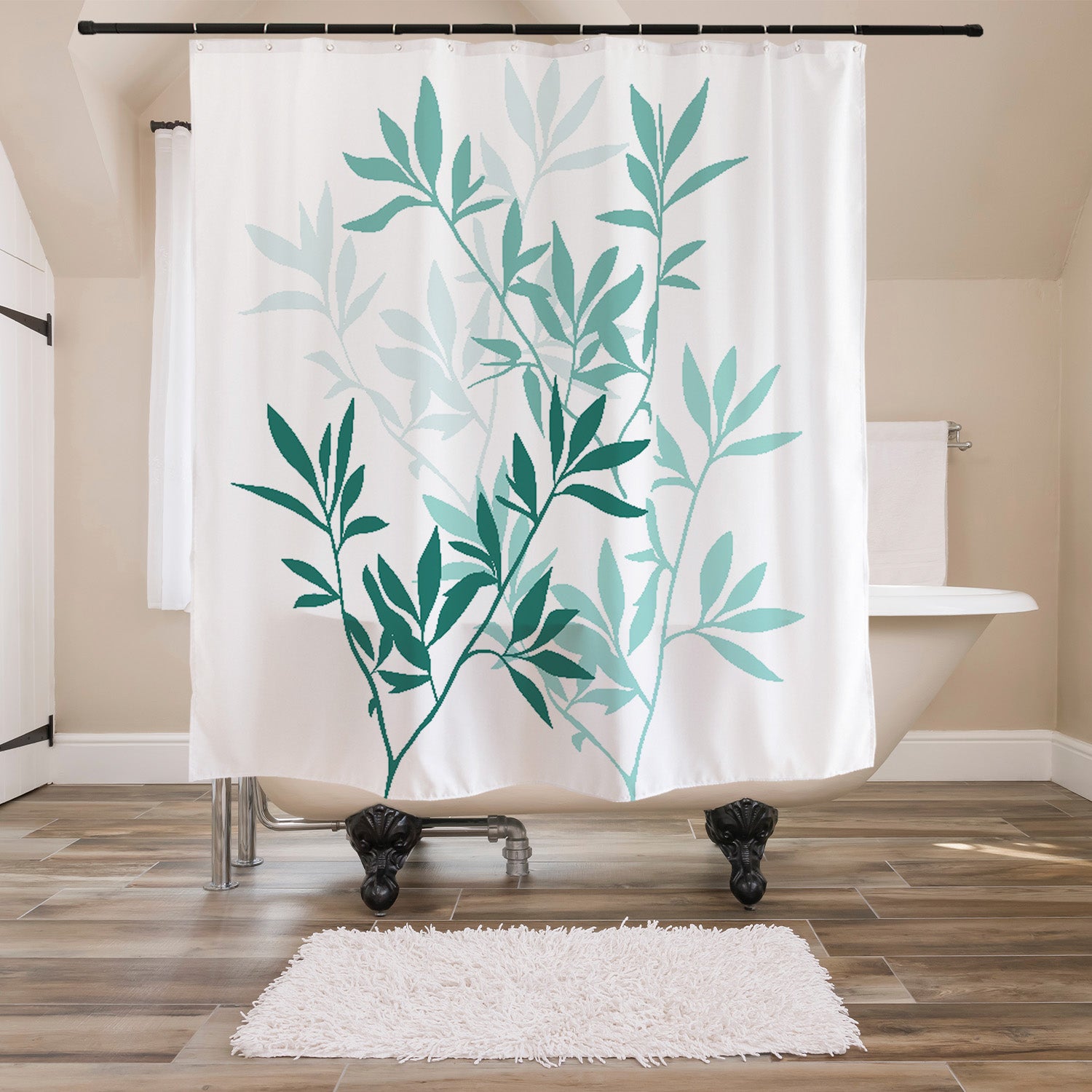Bamboo Leaves Shower Curtain, Black and White, Green, Blue - view 7
