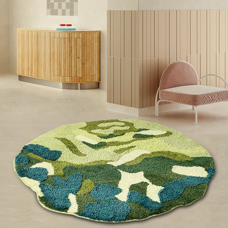 Feblilac Round Green Leaves Moss Area Rug, Mat for Living Room Bedroom Children's Room