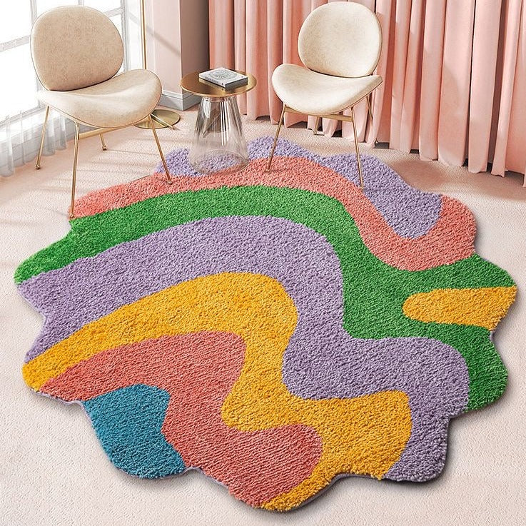 Feblilac Abstract Round Area Rug, Colorful Curve Art Mat for Bathroom Living Room