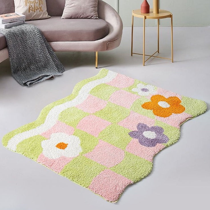 Feblilac Colorful Checkerboard Flower Mat for Living Room Bedroom Bathroom, Area Rug for Home