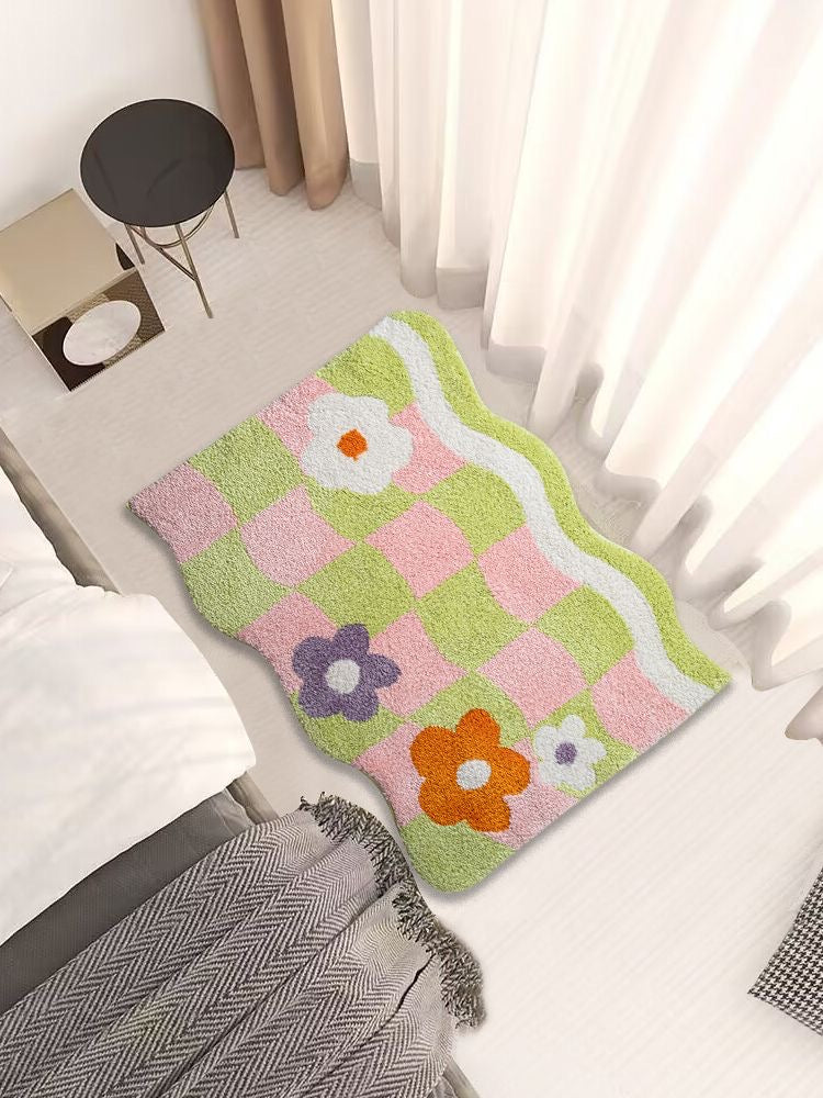 Feblilac Colorful Checkerboard Flower Mat for Living Room Bedroom Bathroom, Area Rug for Home