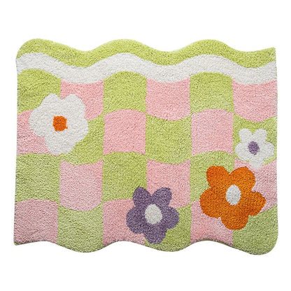 Feblilac Colorful Checkerboard Flower Mat for Living Room Bedroom Bathroom, Area Rug for Home