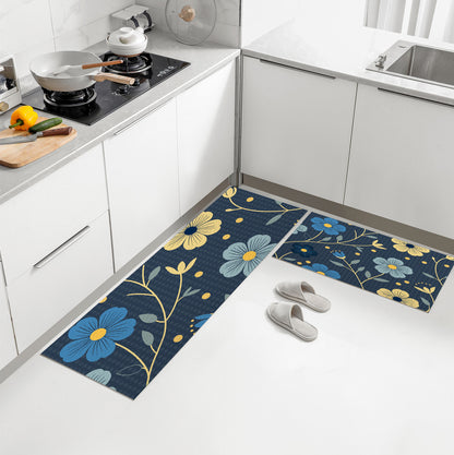 Feblilac Japanese Blue and Gold Flowers PVC Leather Kitchen Mat