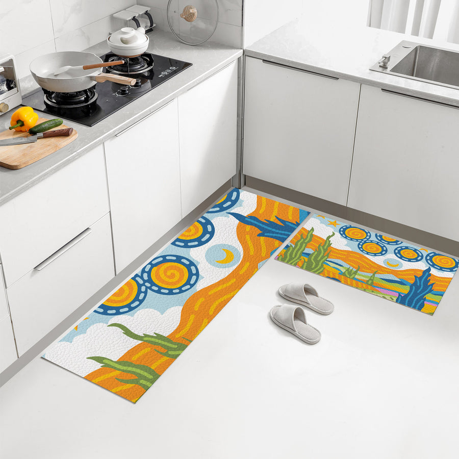 Feblilac Van Gogh Wheat Field Starry Sky PVC Leather Kitchen Mat