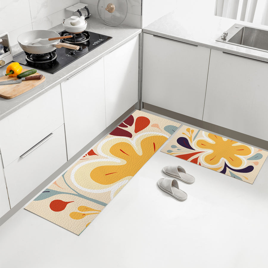 Feblilac Blooming Flower PVC Leather Kitchen Mat