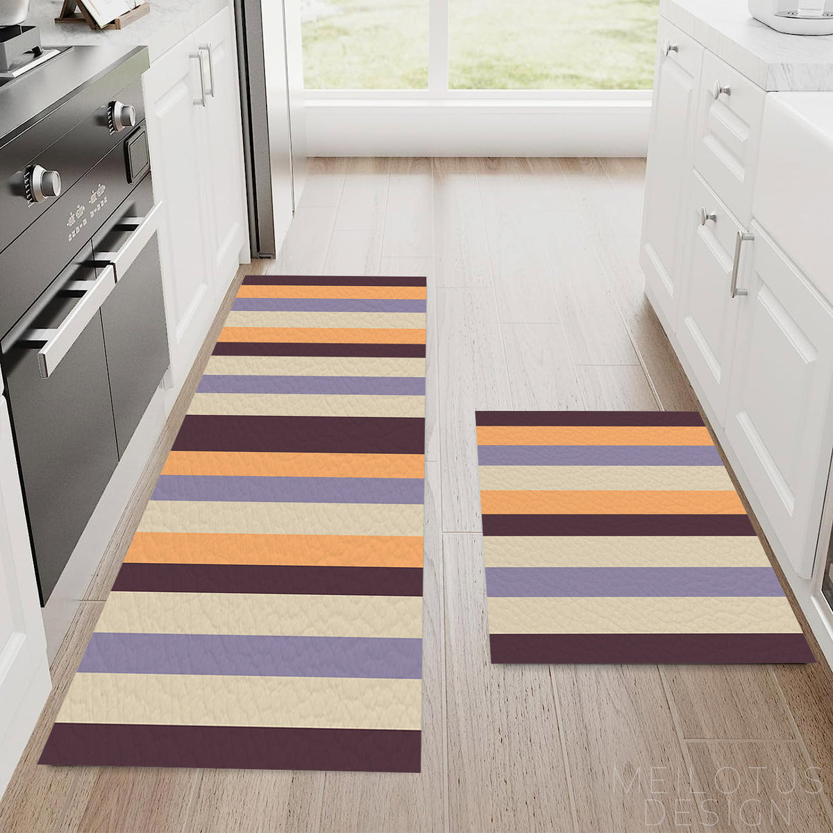 Feblilac Orange and Purple Stripes kitchen mat in a bright kitchen on the tile floor
