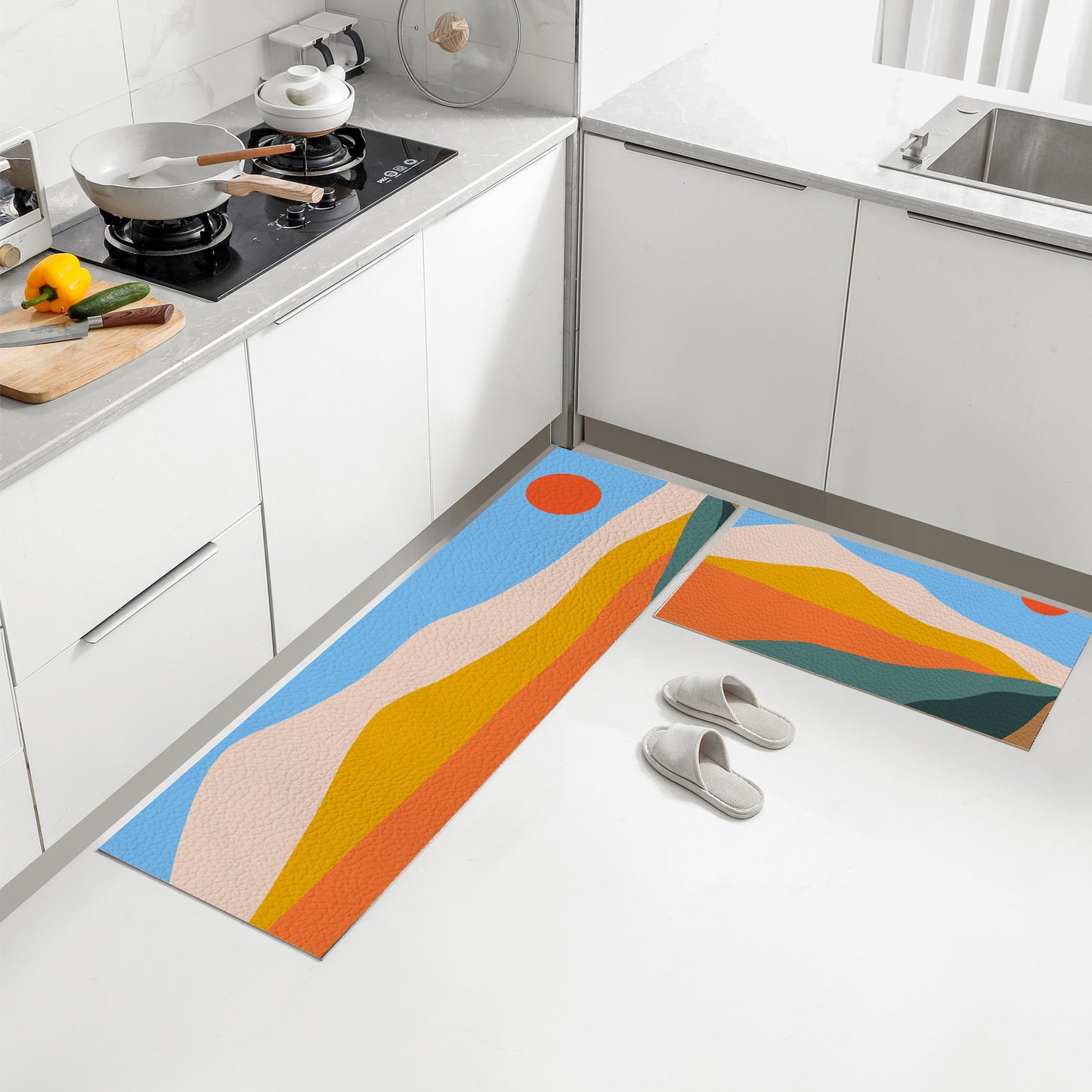Feblilac Colorful Mountains Sunrise PVC Leather Kitchen Mat