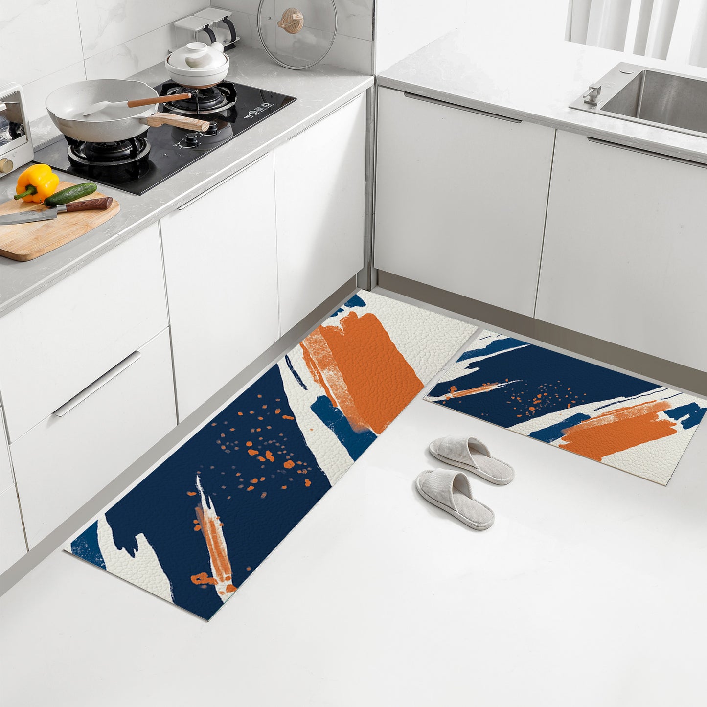 Feblilac Paint Blue Orange PVC Leather Kitchen Mat