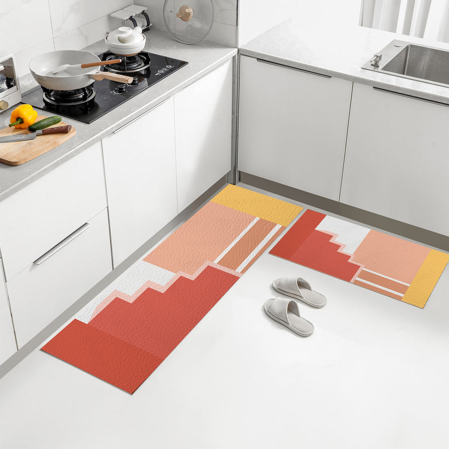 Feblilac Red Color Block Modern Abstract PVC Leather Kitchen Mat