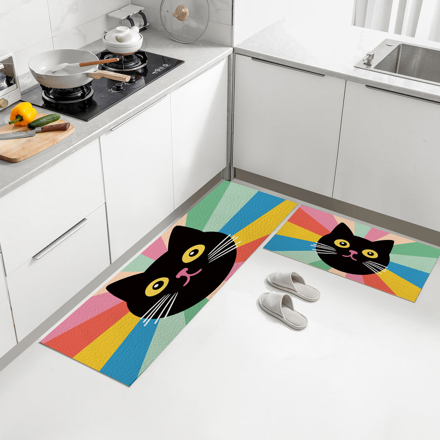 Feblilac Black Cat Colorful Stripes PVC Leather Kitchen Mat