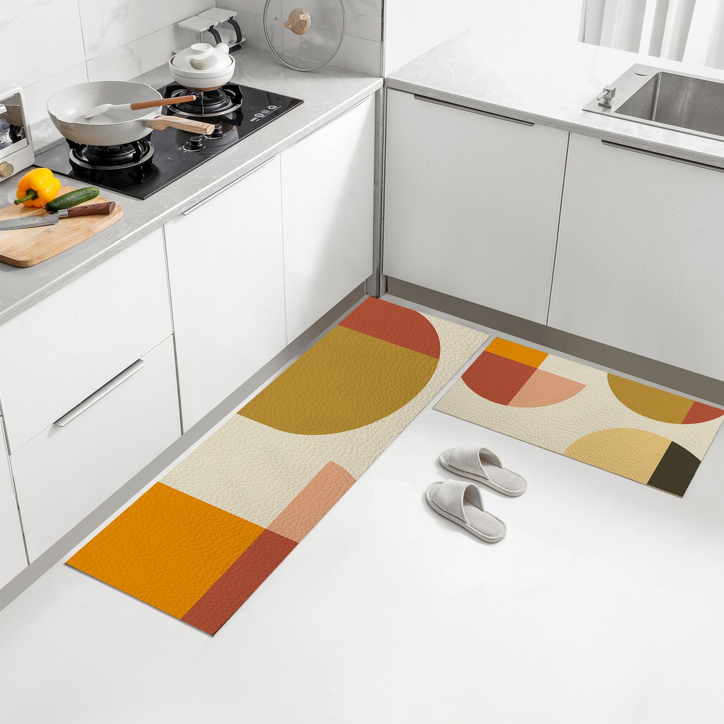 Feblilac Orange Semicircle Rectangle PVC Leather Kitchen Mat