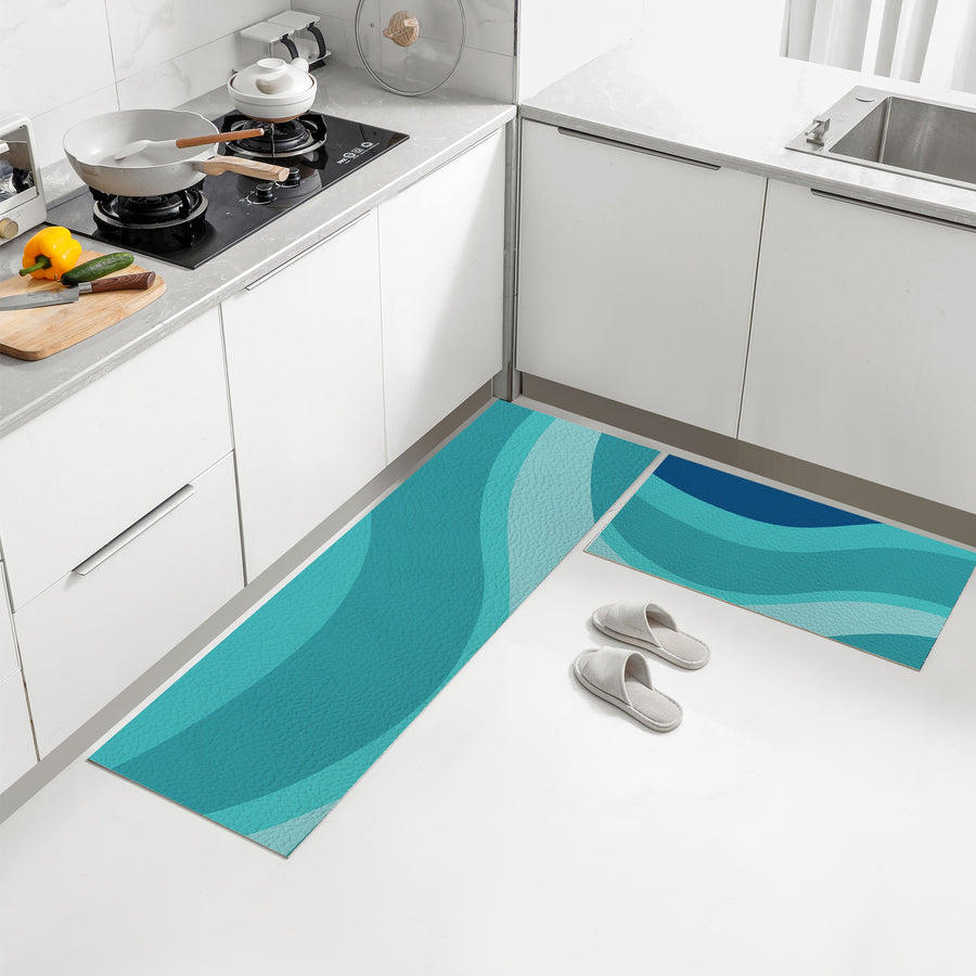 Feblilac Gradient Blue Flowing Waves PVC Leather Kitchen Mat