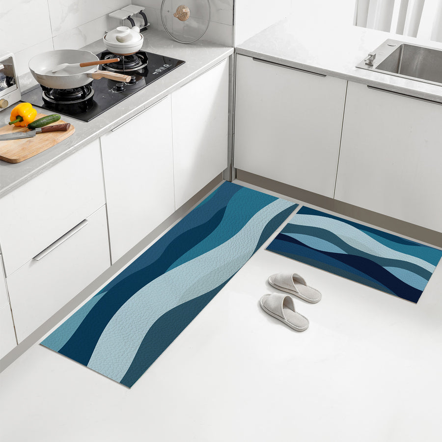 Feblilac Blue Ocean Waves PVC Leather Kitchen Mat