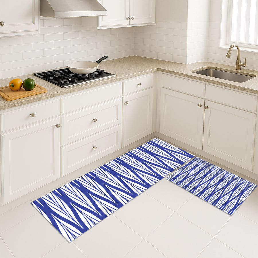 Feblilac White Leaves on Blue kitchen mat in a bright kitchen on the tile floor