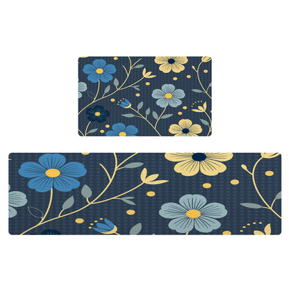 Feblilac Japanese Blue and Gold Flowers PVC Leather Kitchen Mat