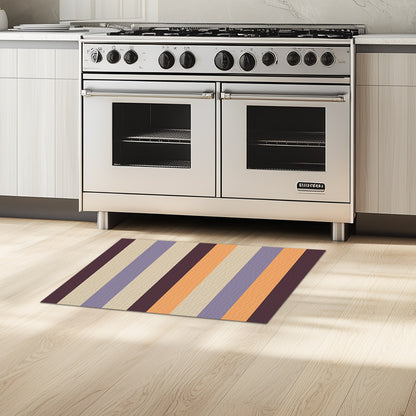 Feblilac Orange and Purple Stripes kitchen mat in front of a kitchen counter