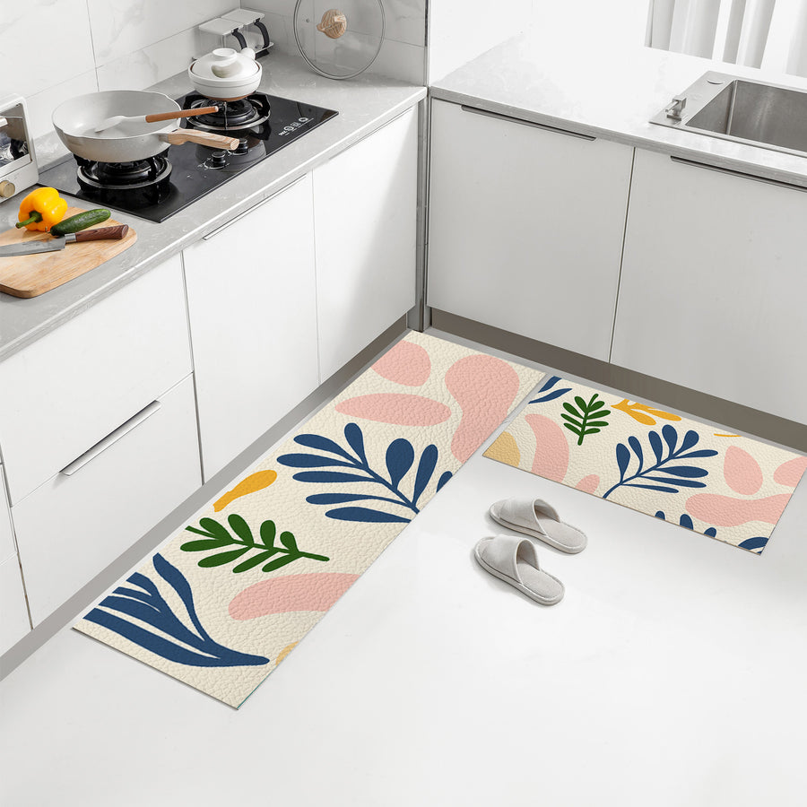 Feblilac Colorful Modern Leaf Color Blocks PVC Leather Kitchen Mat