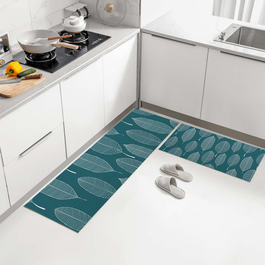 Feblilac White Leaves Green Background PVC Leather Kitchen Mat