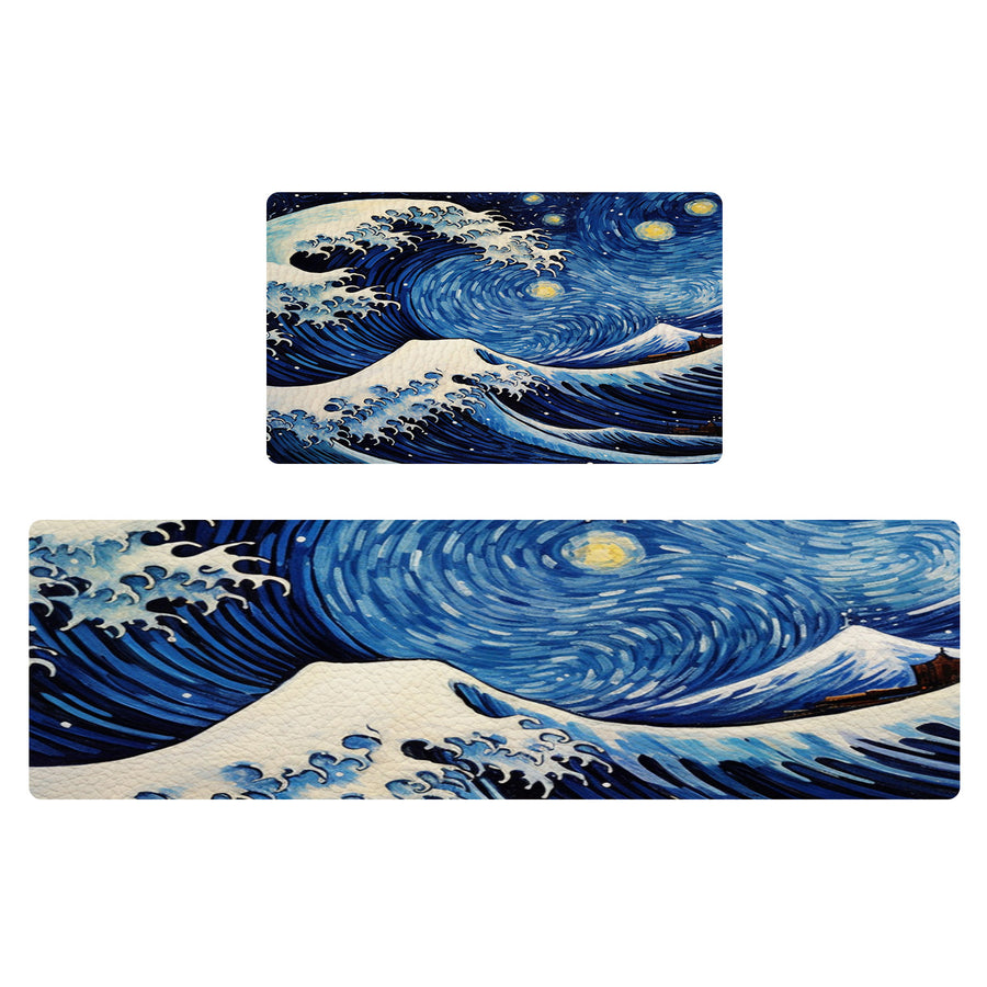 Feblilac Ukiyoe Sea Waves Starry Sky PVC Leather Kitchen Mat - view 2
