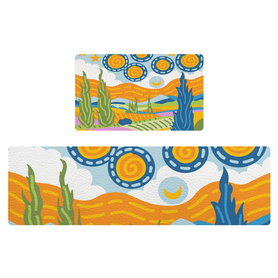 Feblilac Van Gogh Wheat Field Starry Sky PVC Leather Kitchen Mat - view 2
