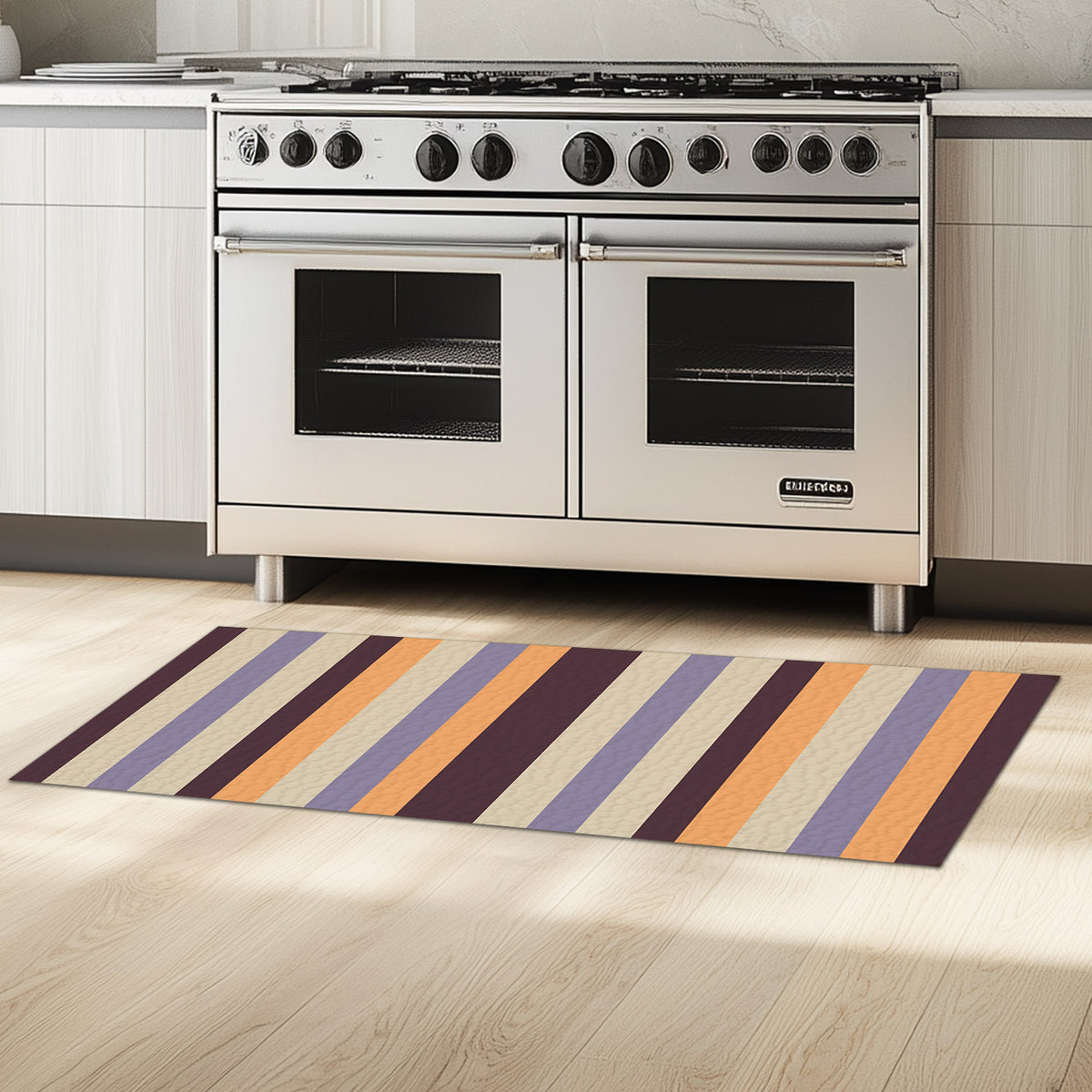 Feblilac Orange and Purple Stripes kitchen mat on a wood floor beside the sink