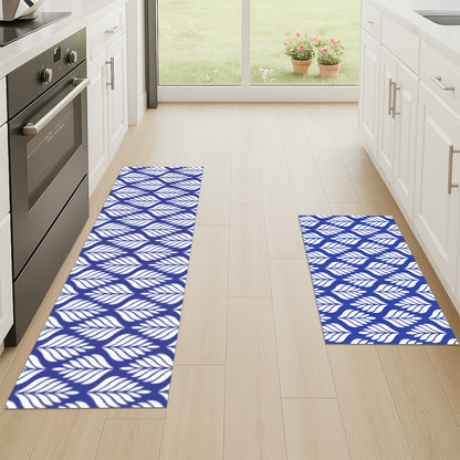 Feblilac White Leaves on Blue kitchen mat in a modern kitchen with white cabinets