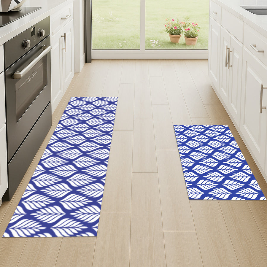 Feblilac White Leaves on Blue kitchen mat in a modern kitchen with white cabinets