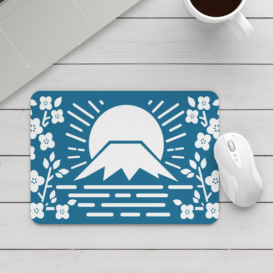 Feblilac Simple Blue Background Mt. Fuji Cherry Blossoms Mouse Pad