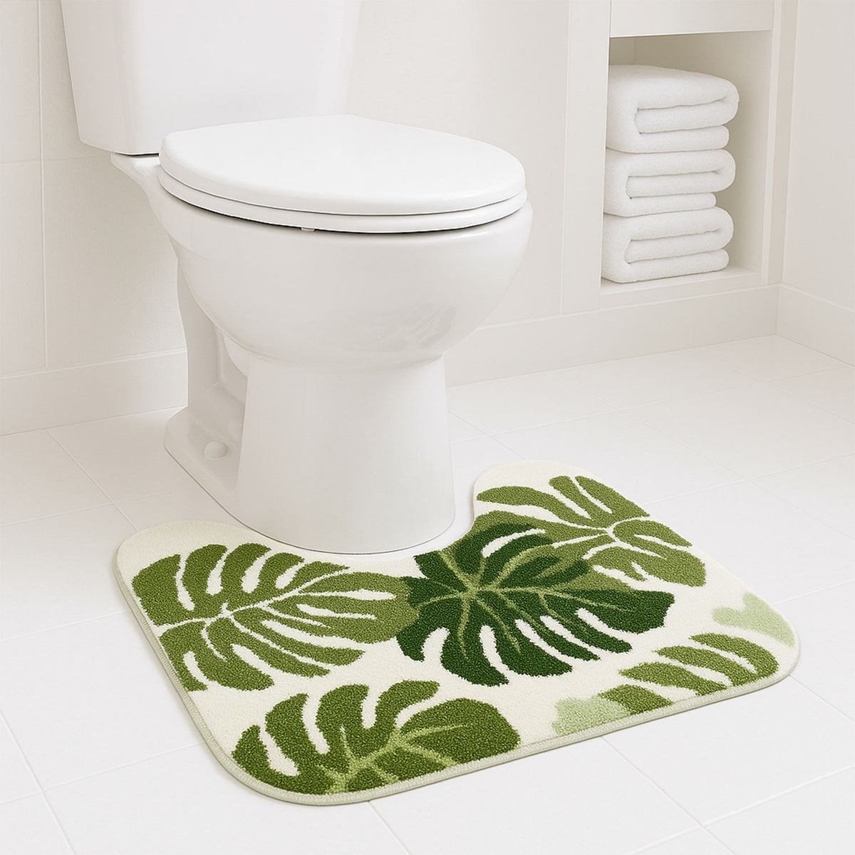 Feblilac Green Monstera U Shape Tufted Bath Mat