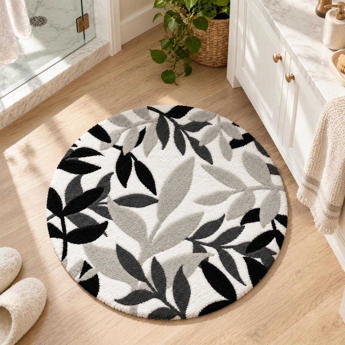 Feblilac Black White and Grey Leaves Tufted Bath Mat