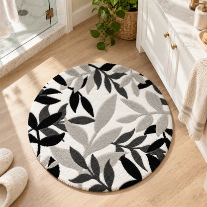 Feblilac Black White and Grey Leaves Tufted Bath Mat